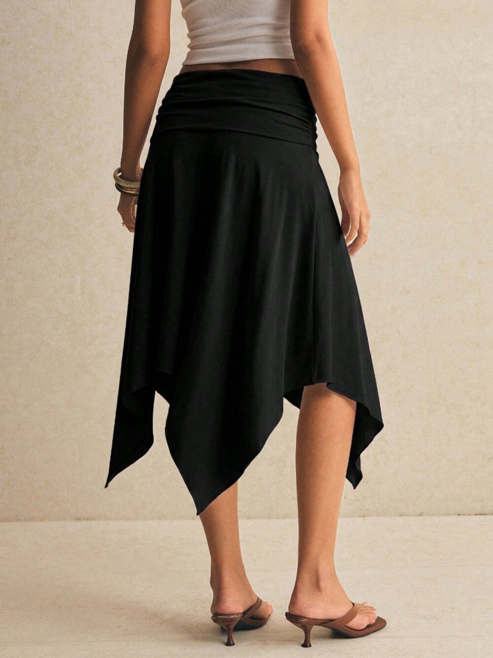 Black Casual Women's Loose Asymmetric Ruched Plain Knee-Length Skirt - Picture 2 of 7